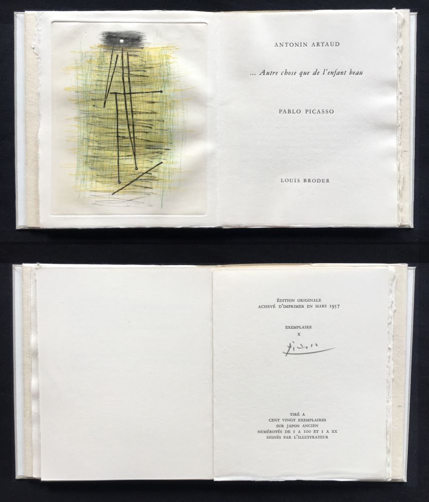 挿絵入り本 Picasso - A. Artaud: AUTRE CHOSE QUE DE L'ENFANT BEAU. Célèbre gravure originale en couleurs (1957).