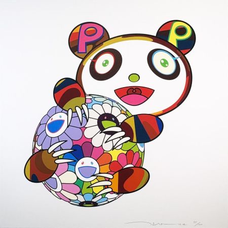 シルクスクリーン Murakami - A Panda Cub Hugging a Ball of Flowers