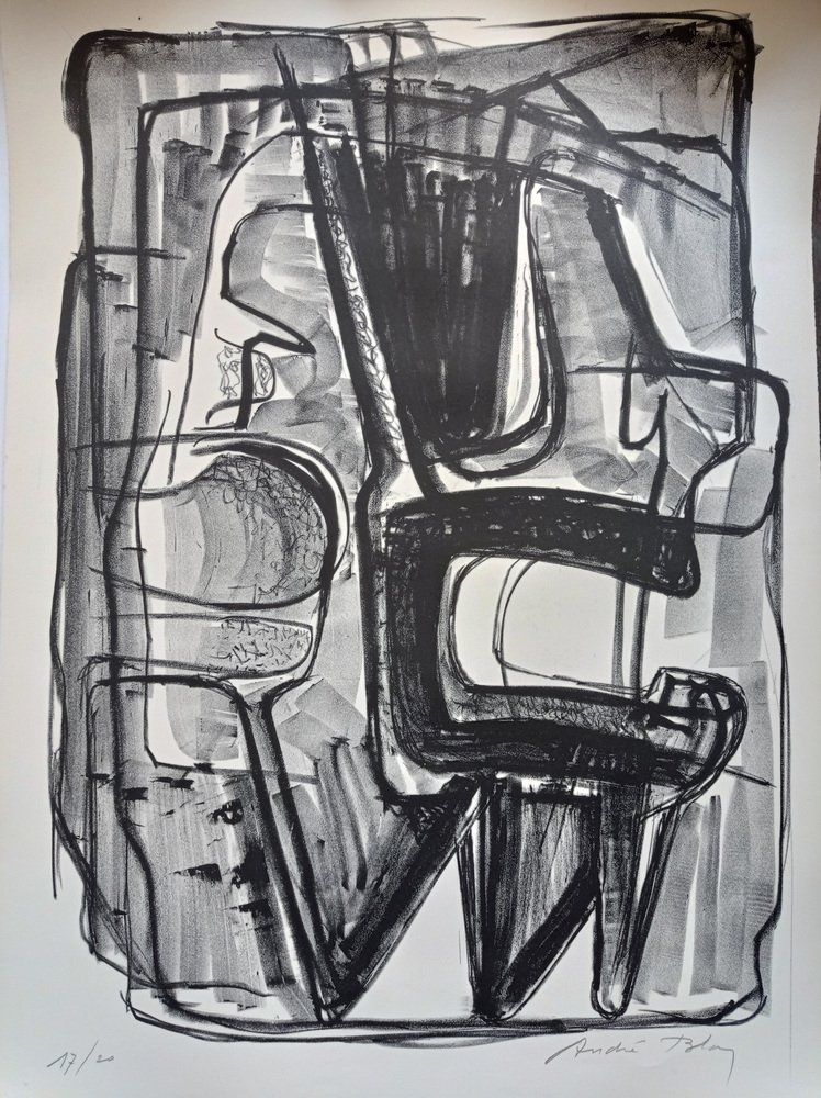 リトグラフ Bloc - Abstract Composition, Large Handsigned Lithograoh, 70-80's