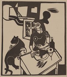 木版 Campendonk - Am Tisch sitzende Frau mit Katze und Fisch / Woman Sitting at Table with Cat and FIsh