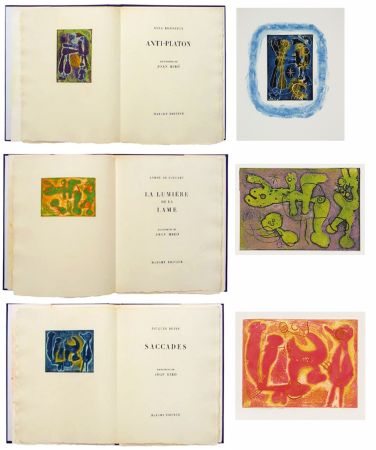 挿絵入り本 Miró - ANTI-PLATON - LA LUMIÈRE DE LA LAME - SACCADES. 3 volumes. 24 EAUX-FORTES AVEC SUITE COMPLÈTE (1962).
