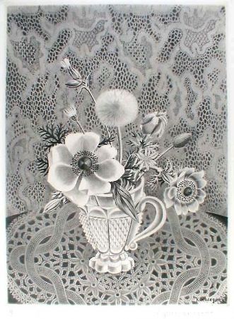 エッチングと　アクチアント Hasegawa - Anémonés et fleurs de champs dans un verre a facettes / Bouquet sur fond de dentelle