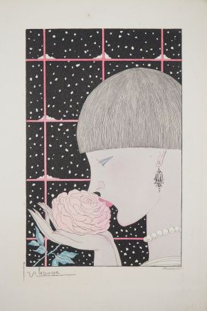 彫版 Lepape - Art déco, Jeune femme à la rose