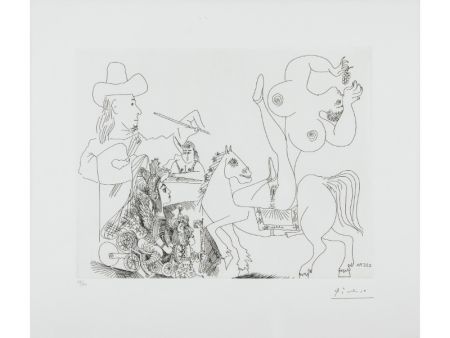 エッチング Picasso - Artist and Nude Equestrienne Eating Grapes