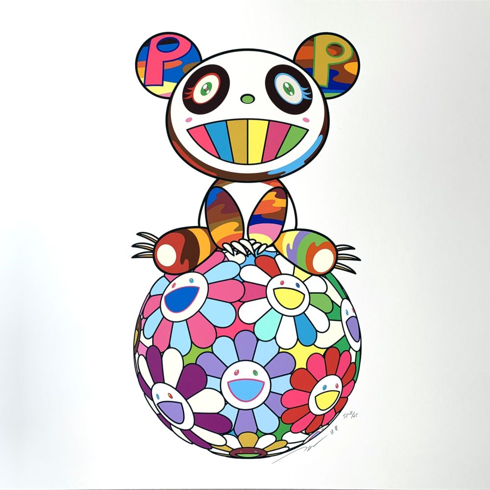 シルクスクリーン Murakami - Atop a Ball of Flowers, A Panda Cub Sits Properly