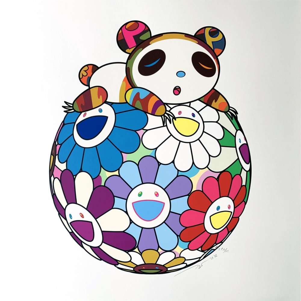 シルクスクリーン Murakami - Atop a Ball of Flowers, A Panda Cub Sleeps