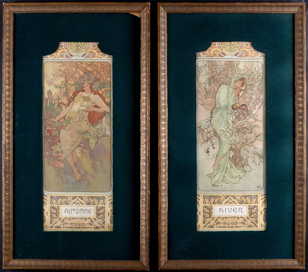 リトグラフ Mucha - Automne & Hiver, 1896 - Set of 2 original decorative lithograph panels - Framed !