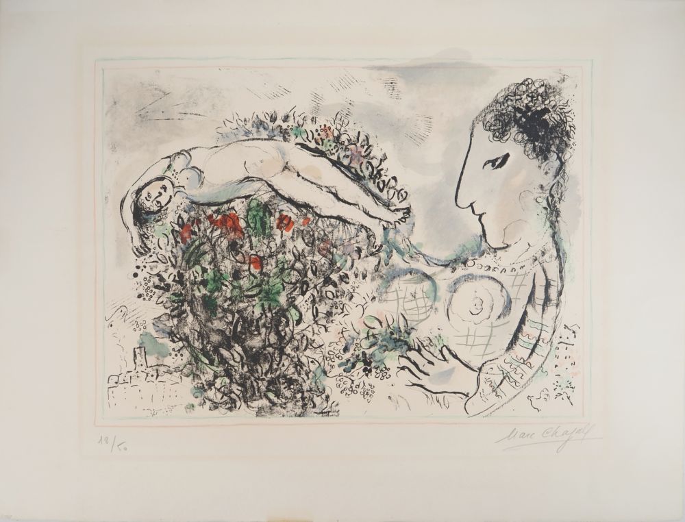 リトグラフ Chagall - Autoportrait au bouquet et nu