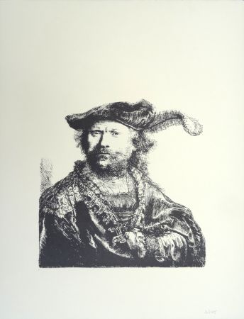 リトグラフ Rembrandt - Autoportrait au béret et à la plume