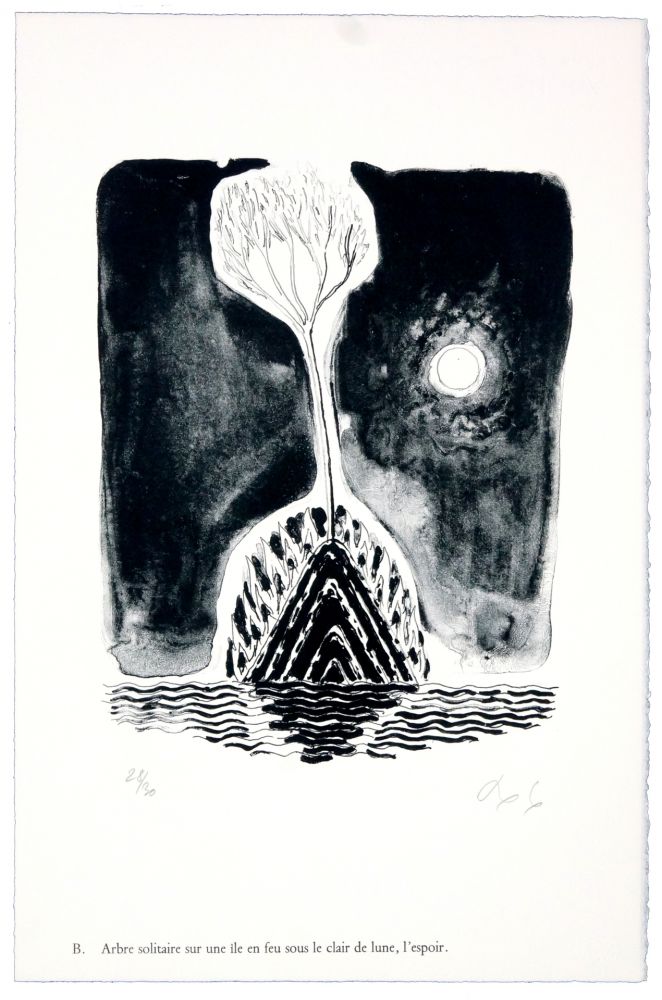 リトグラフ Nørgaard - B. Abre solitaire sur une ile sous le clair de lune, l'espoir