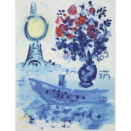 リトグラフ Chagall - Bateau Mouche Au Bouquet