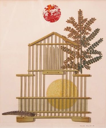 リトグラフ Ernst - Bird Cage, Feather, Branch and Sun