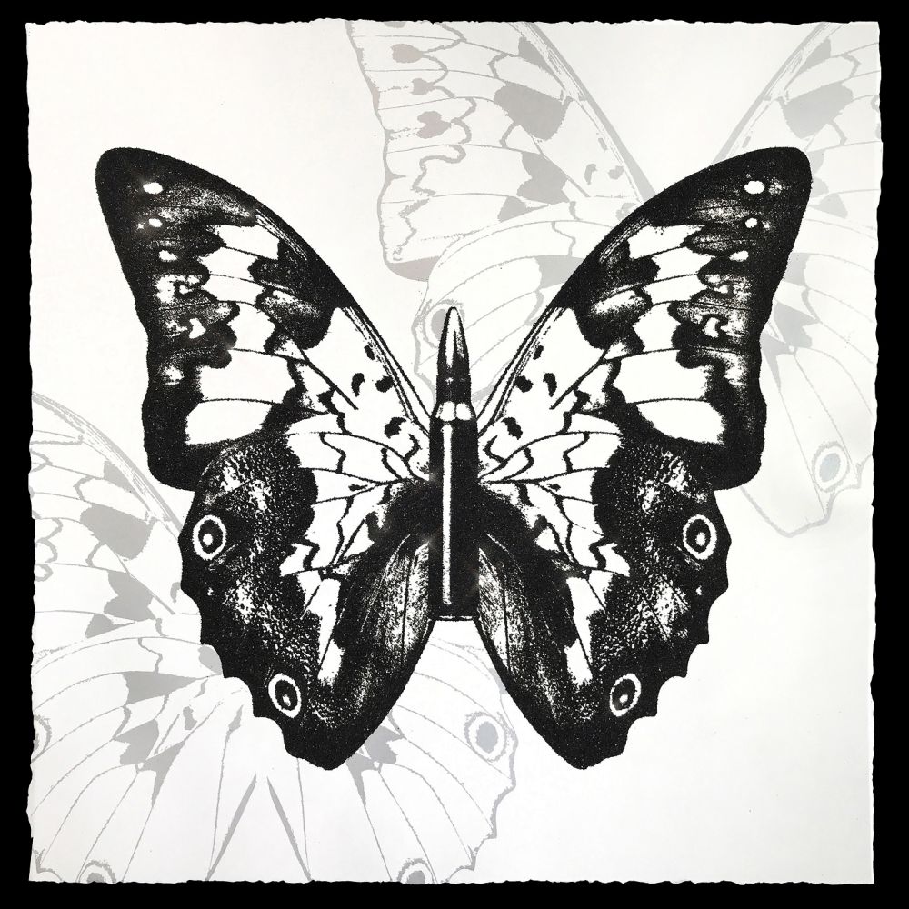 シルクスクリーン Robierb - Black Butterfly on White