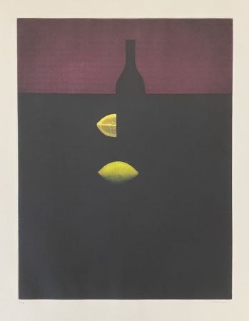 メゾチント彫法 Hamaguchi - Bottles with Lemon and Red Wall