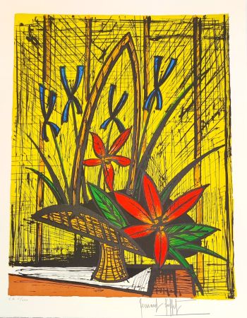 リトグラフ Buffet - Bouquet aux Iris et fleurs rouges 