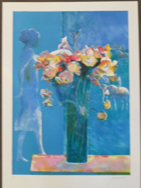リトグラフ Guiramand - Bouquet de fleurs et femme de profil