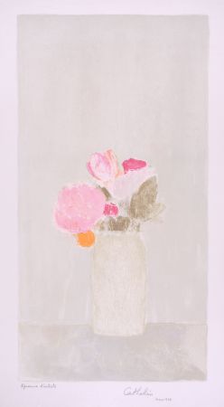 リトグラフ Cathelin - Bouquet de roses au fond gris - Bouquet of roses on a grey background