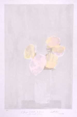 リトグラフ Cathelin - Bouquet rose au fond gris - Pink bouquet on a grey background