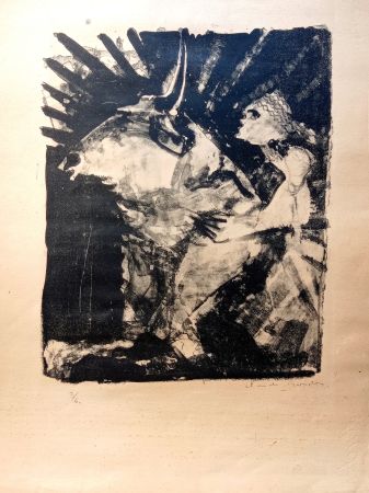 リトグラフ Garache - Boy Riding a Bull, Rare Hand signed Lithograph, cca 40-50's 
