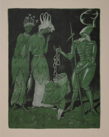 リトグラフ Kreidolf - Brautwerbung. Käfer-Ritter, von einem Zwerg begleitet, wirbt mit einer Kette um das Akelei- und Rapunzel-Fräulein. 