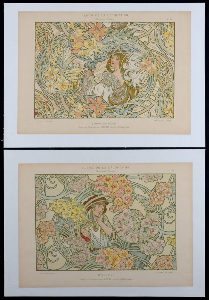 リトグラフ Mucha - Byzantine & Langage des Fleurs, c. 1900 - Rare set of 2 original lithographs!