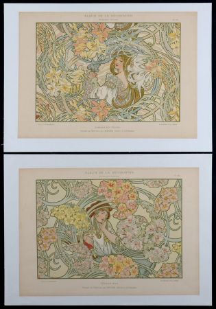 リトグラフ Mucha - Byzantine & Langage des Fleurs, c. 1900 - Rare set of 2 original lithographs!