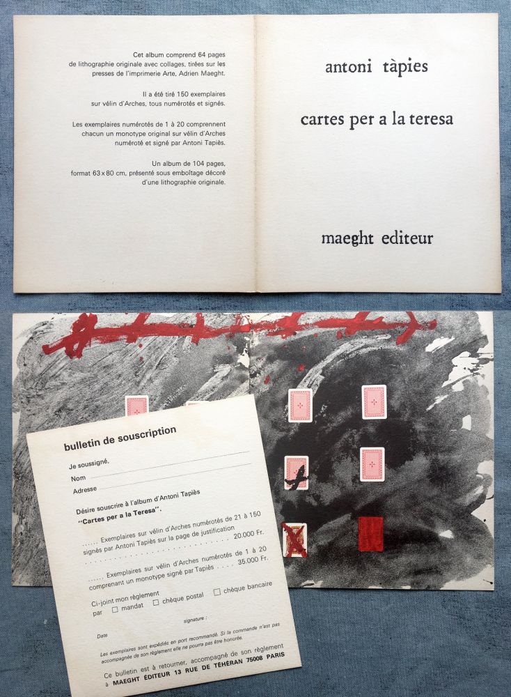 オフセット Tàpies - CARTES PER A LA TERESA : Carton de présentation de l'ouvrage illustré de lithographies et collages (1976).
