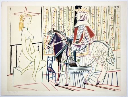 リトグラフ Picasso - Cavalier costumé et modèle 2 (La Comédie Humaine - Verve 29-30. 1954).
