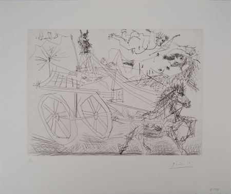 彫版 Picasso - Charrette foraine conduite par un petit animal, avec nu et amour dans le ciel