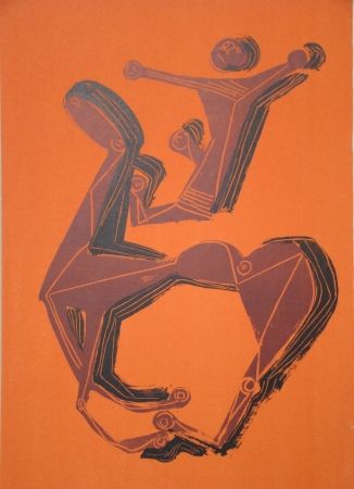 リトグラフ Marini - Cheval et cavalier sur fond orange