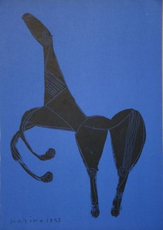リトグラフ Marini - Cheval sur fond bleue