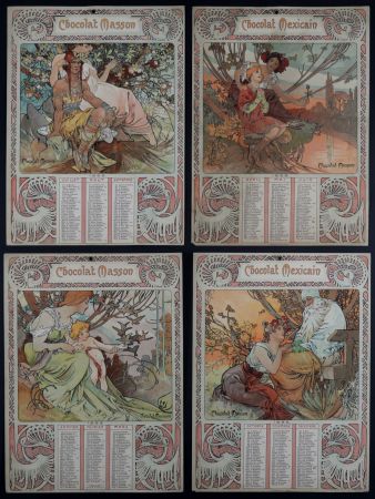 リトグラフ Mucha - Chocolat Masson / Chocolat Mexicain, 1897 - A set of four original lithographs in colors