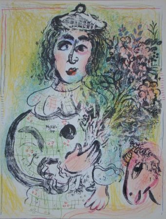 リトグラフ Chagall - Clown avec des fleurs