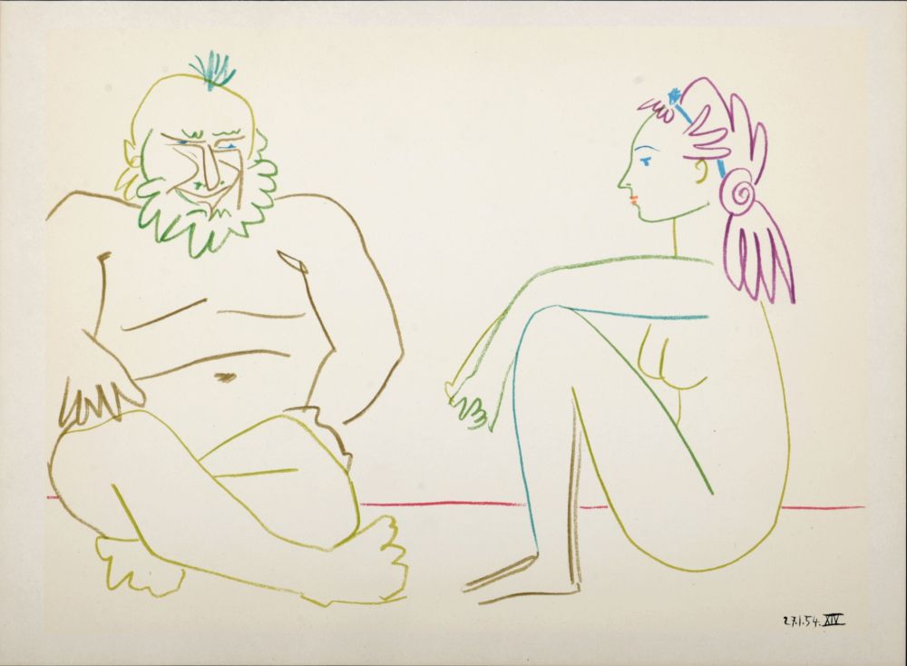 リトグラフ Picasso - Clown & Nude Woman, 1954