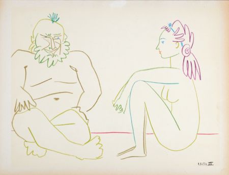 リトグラフ Picasso - Clown & nude woman, 1954