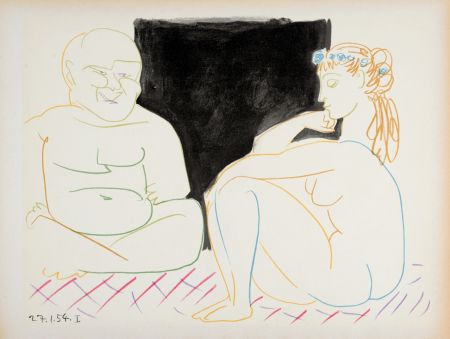 リトグラフ Picasso - Clown & Nude woman with flowers, 1954