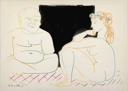 リトグラフ Picasso - Clown & Nude Woman With Flowers, 1954