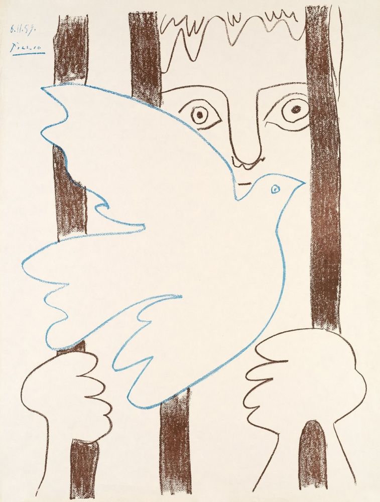 掲示 Picasso - Colombe Bleue Volant devant des Barreaux