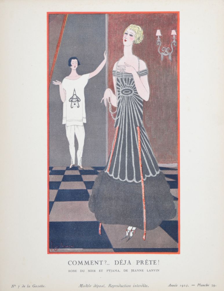 ステンシル Lepape - Comment ? Déjà prête ?, Robe du soir et pyjama de Jeanne Lanvin, 1924