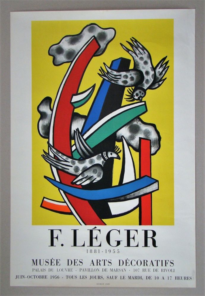 掲示 Leger - Composition aux deux oiseaux sur fond jaune, 1955