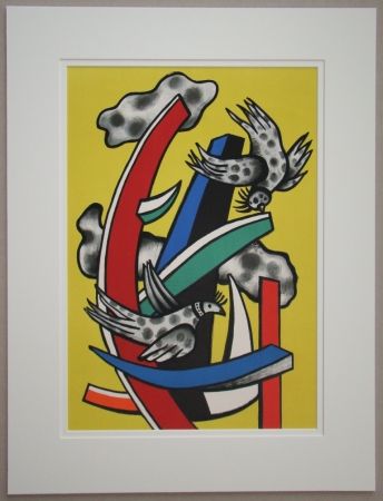 リトグラフ Leger - Composition aux deux oiseaux sur fond jaune, 1955