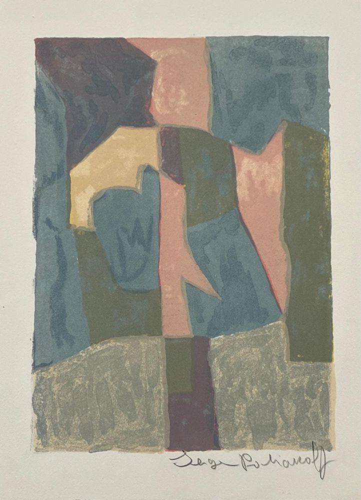 リトグラフ Poliakoff - Composition bleue, rose et grise L30 
