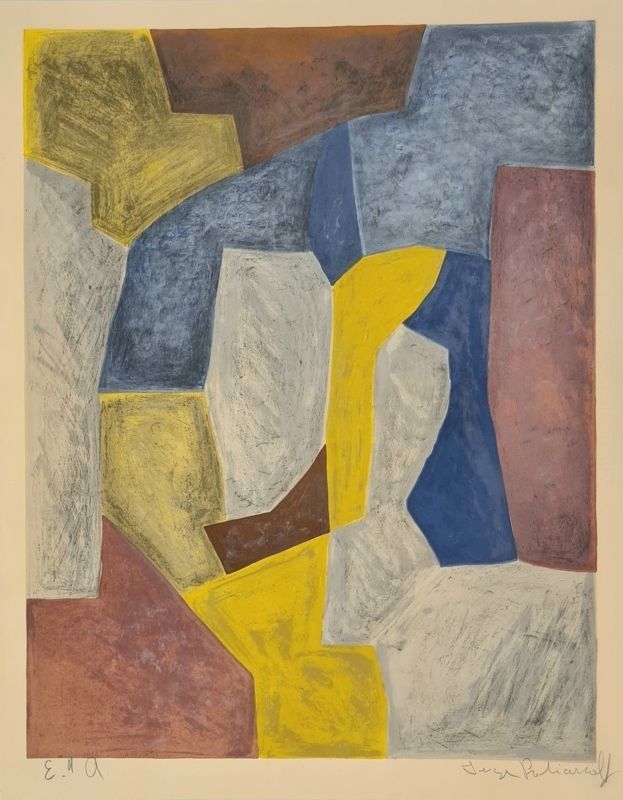 リトグラフ Poliakoff - Composition carmin, jaune, grise et bleue n°24 