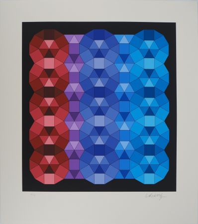 シルクスクリーン Vasarely - Composition cinétique en rouge, noir et violet (YKA
