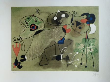 リトグラフ Miró - Composition fond vert