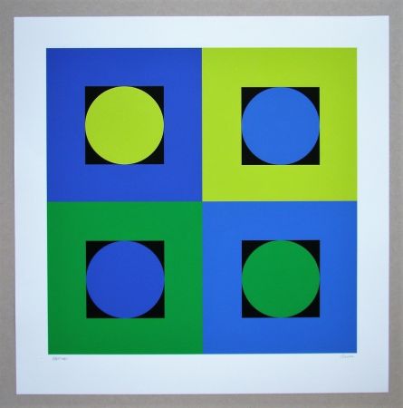 シルクスクリーン Claisse - Composition géométrique bleu et vert