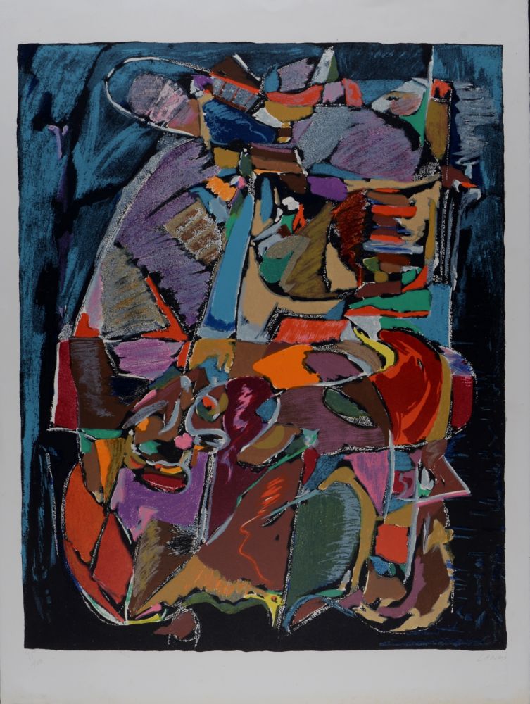 リトグラフ Lanskoy - Composition sur fond bleu, c. 1968 - Hand-signed