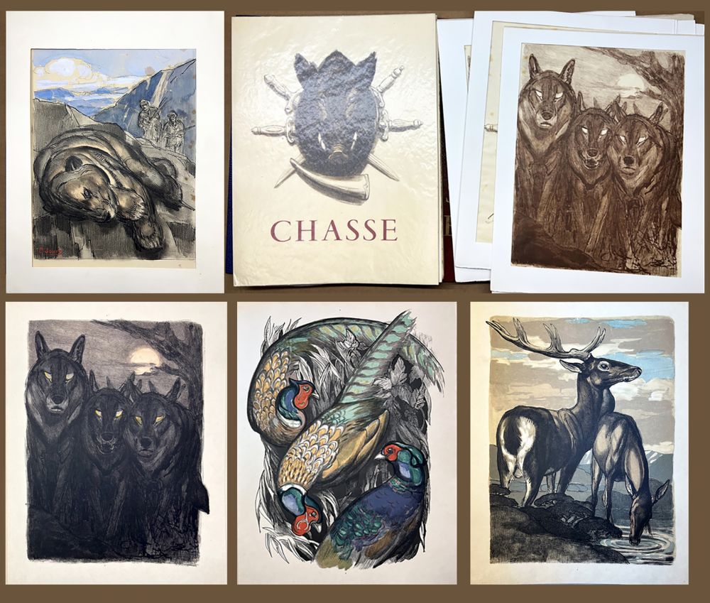 挿絵入り本 Jouve - Comte de Brissac. CHASSE. 17 lithographies + suite + aquarelle originale de PAUL JOUVE (1956)