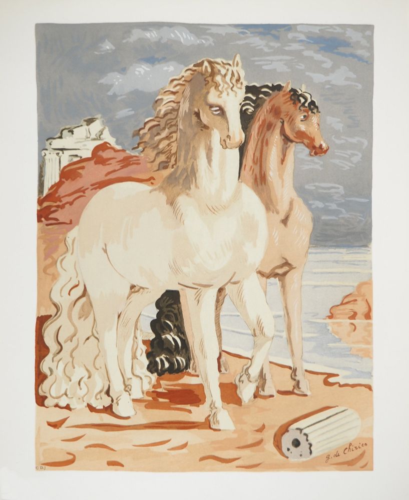 リトグラフ Chirico (De) - Couple de chevaux dans un paysage mythologique, c