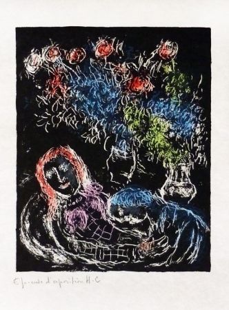 リトグラフ Chagall - Couple sur fond noir